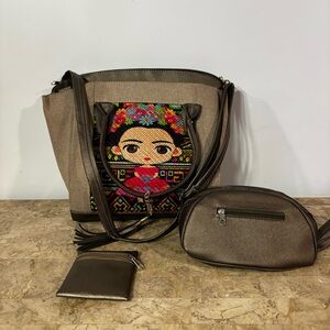 Frida Kahlo Shoulder Bag With 2 Small Handbags Inside